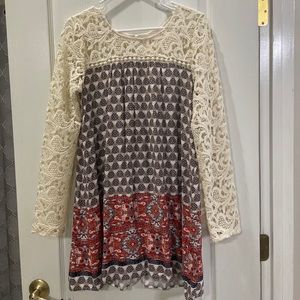 Anthropologie Blu Pepper Lace Lattice Floral Geometric Printed Dress.